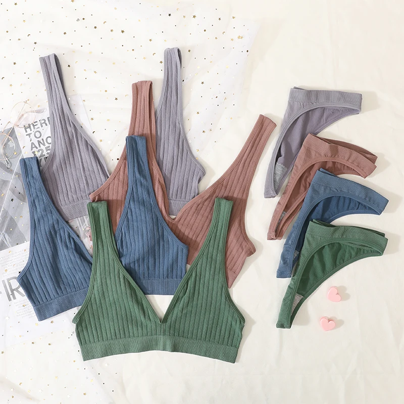 Women Seamless Bras Set Sexy Thongs Low Waist Panties Sport Ribbed Bra Tops Nonwire Bralette Wirefree Brassiere Female Intimates women lingerie set,sexy bra set,women underwear set