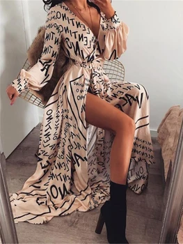 

Boho Printed Floral Long Maxi Dress Women Female Casual Loose Ankle-Length Empire V-Neck Long Splits Dresses Vestidos