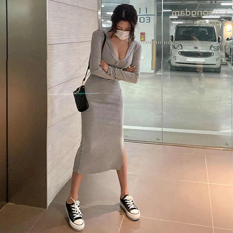 Vestido de punto coreano de manga larga para mujer, vestido ajustado elástico con cuello de pico, ajustado, Sexy, 2022 _ - AliExpress Mobile