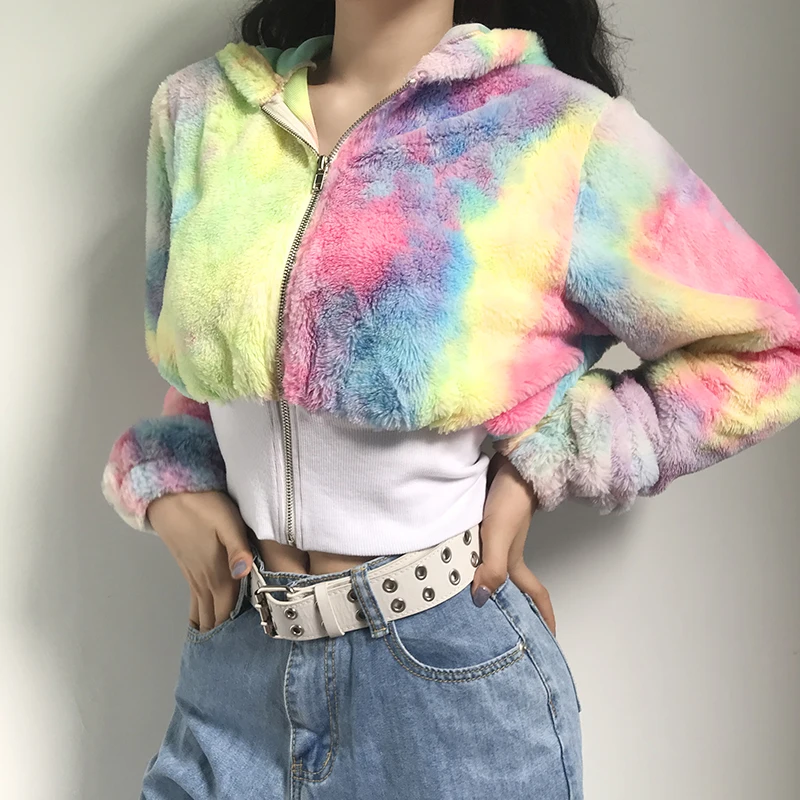 Rockmore Tie Dye пушистые пальто и куртки на молнии для женщин Красочные более размера d Harajuku куртка Дамская размера плюс уличная осенняя