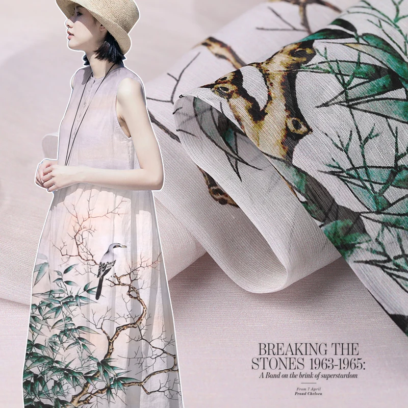 140 см шириной 13 мм 50% шелк и 50% лен бамбуковая цифровая печать ткань для женщин платье одежда Cheongsam модная ткань DIY шитье Новинка