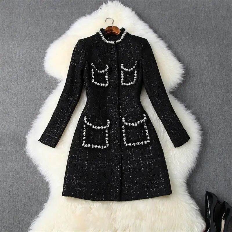 

Designers Winter Coats Women Long Sleeve Beading Tweed Woolen Coat Plaid Runway Wool Blend Outerwear