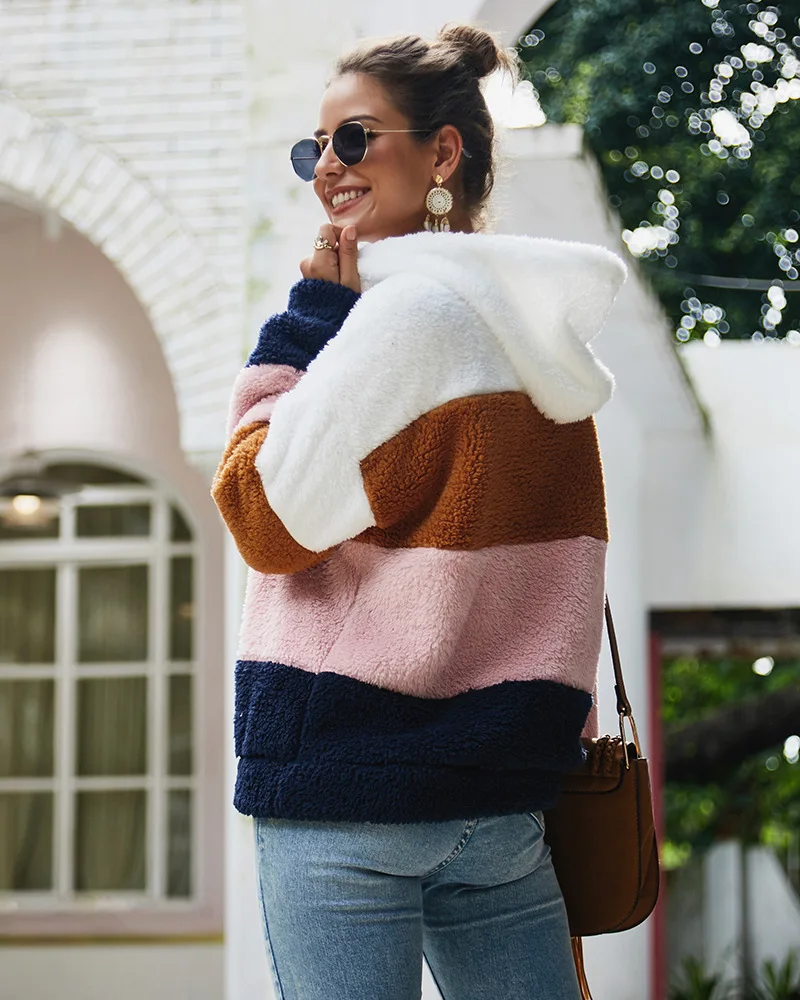 Women's Clothing Hot Winter Striped Splicing Wool Sweatshirt Tops