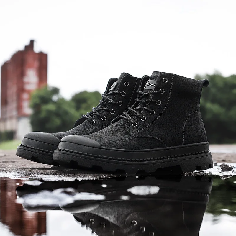 

Autumn & Winter MEN'S SHOES Martin Boots Outdoor Worker Boot Large Size Solid Black Hight-top plus Velvet Warm Cotton Boots Leat