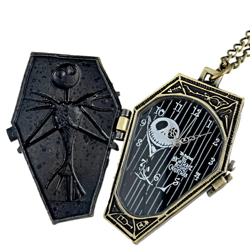 Винтажные кварцевые карманные часы Tim Burton "Кошмар перед Рождеством" Jack Skellington, бронзовая подвеска часы с цепочкой для женщин и мужчин