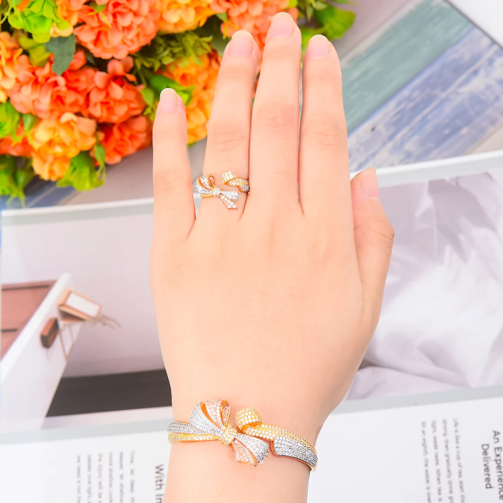 

SisCathy 2PCS Dubai Nigerian Wedding Open Bow-knot Bangle/Ring Charms Cubic Zirconia Jewelry Sets For Women Jewelry Accessories
