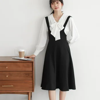 

COIGARSAM Full Sleeve Shirt Womens tops Peter pan Collar Bow Suspenders Women shirts White 609