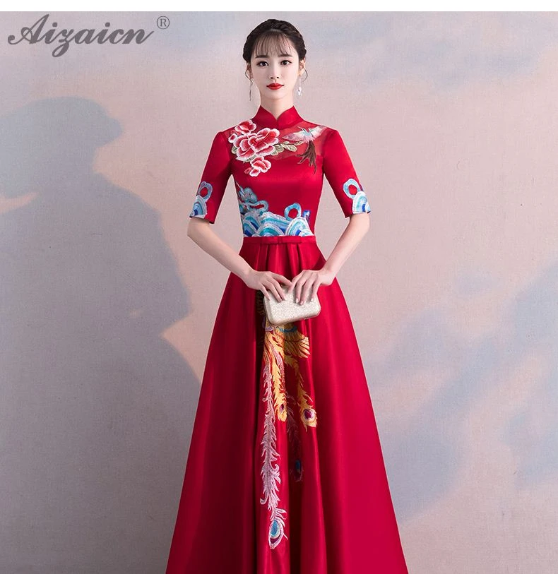 Феникс вышивка длинный Cheongsam красный современный Femme Тонкий Вечерние платья Qi Pao женское традиционное китайское свадебное платье Qipao