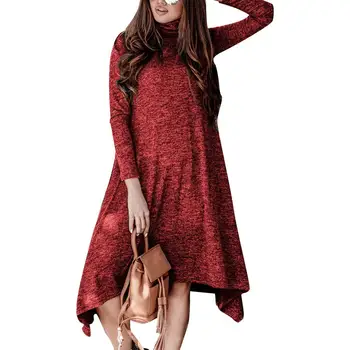 

Fashion Women Autumn Solid Color Turtle Neck Large Swing Knee-length Loose Dress Large Swing Knee-length Loose Dress Women