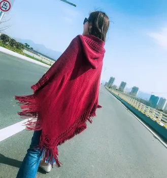 

Autumn and Winter New Operator Cap Pure Colored Ribbon Cape Shawl Pullover Knitted Shirt Shawl Tonglu