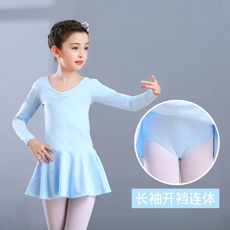 Pale blue conjoined Детское хлопковое платье для балета для девочек, детская одежда для балета, Одежда для танцев, тренировочная Одежда для танцев с длинными рукавами - Цвет: Pale blue conjoined