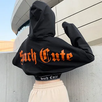 

2020 Women Print Letter Hooded Sweatshirt Black Harajuku Hoodies Ladies Casual Spring Crop Sweat Femme Hip Hop Tops Pullovers