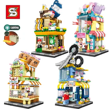

Kids Toys Friends Building Blocks 4 in 1 Street View Shop Bricks Educational For Girls Lighting Model Kit Action Figures