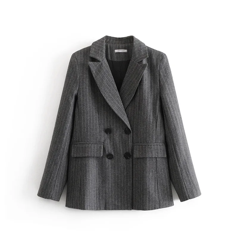 Early Spring New Style Europe And America WOMEN'S Dress Fashion Gray Stripes Double Breasted Slim Fit Loose-Fit Suit Jacket W141