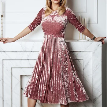 

Autumn Spring Women Velvet Dress Midi High Waist Dress Elegant Three Quarter Sleeve Pleated Dresses With Sashes TA0822