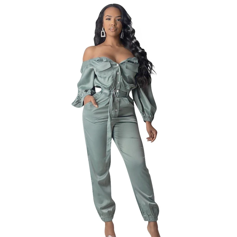 

Buttoned Off Shoulder Long Sleeve Jumpsuit Pockets Women Overalls with Belt Sexy Romper 2019 Autumn Winter Women Outfits