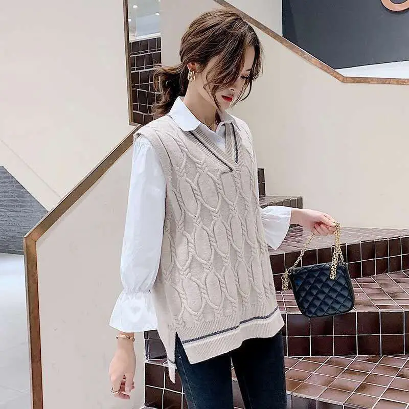 

V-neck knitted vest women's sweater autumn and winter new Korean version of loose wild sweater vest sleeveless 2020 fashion swea