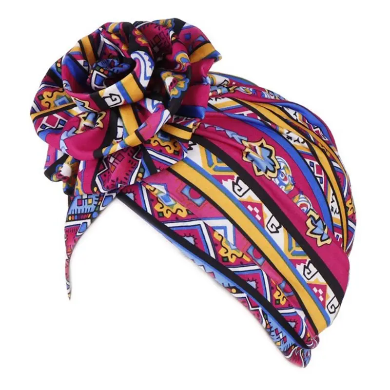 Женская этническая шапка-тюрбан с скрученным цветком, плиссированная эластичная Шапка-бини с разноцветными геометрическими полосками и принтом, кепка chemo