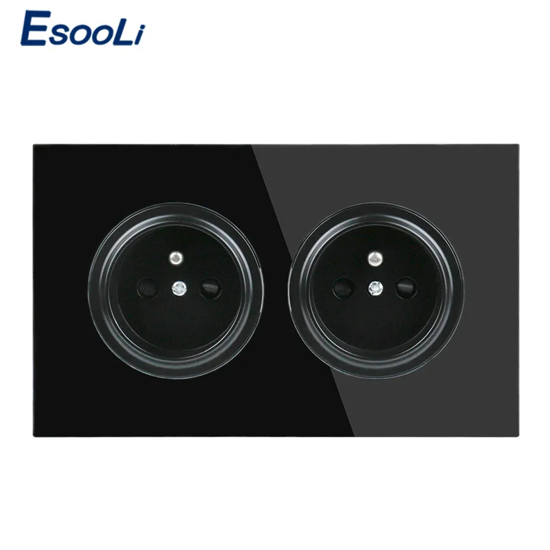 Esooli 16A французские Стандартный электрическая розетка две-сдвоенная розетка экспорта с украшением в виде кристаллов Стекло Панель Мощность выход двойной разъем - Тип: Black-1