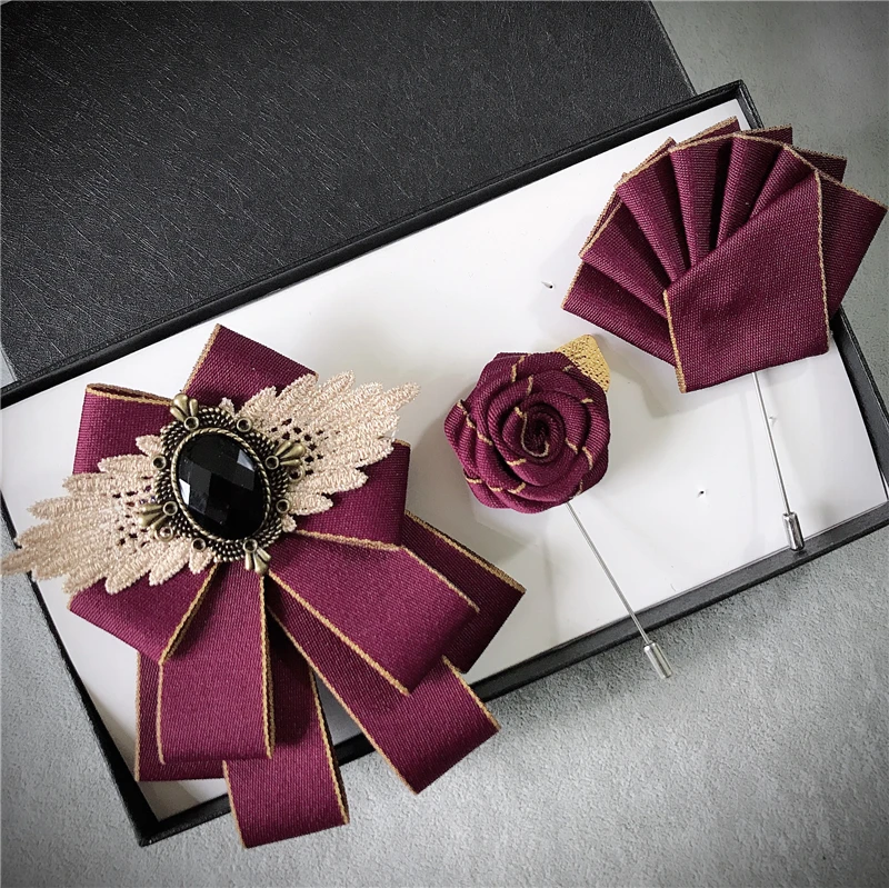3pcs Bow Tie Set Для мужчин женщин ленты галстук-бабочка цветок брошь булавка Карманный квадратный набор жениха Свадебная рубашка кристалл галстук Стразы носовые платки с бантиком - Цвет: 3pcs Bow Tie Set