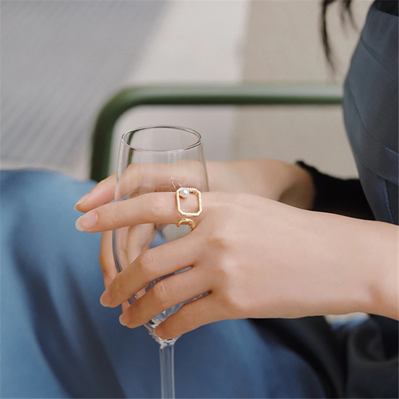 Pearl Ring for Women SHANGZHIHUA Design Classic Hollow Square silver ring,adjustable rings,opening ring