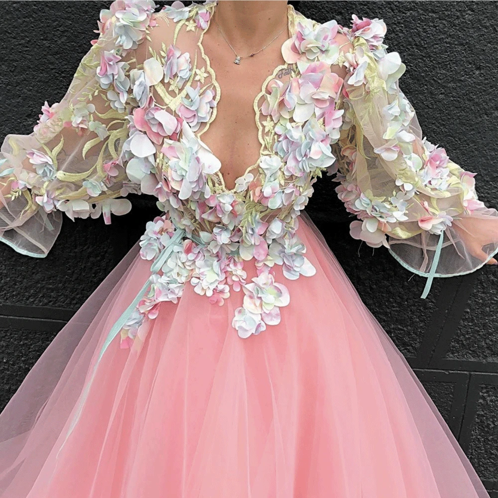SuperKimJo Vestidos De gala розовые платья для выпускного вечера 2020 3D Цветы элегантное Пышное Платье на выпускной платье с длинными рукавами Vestido De