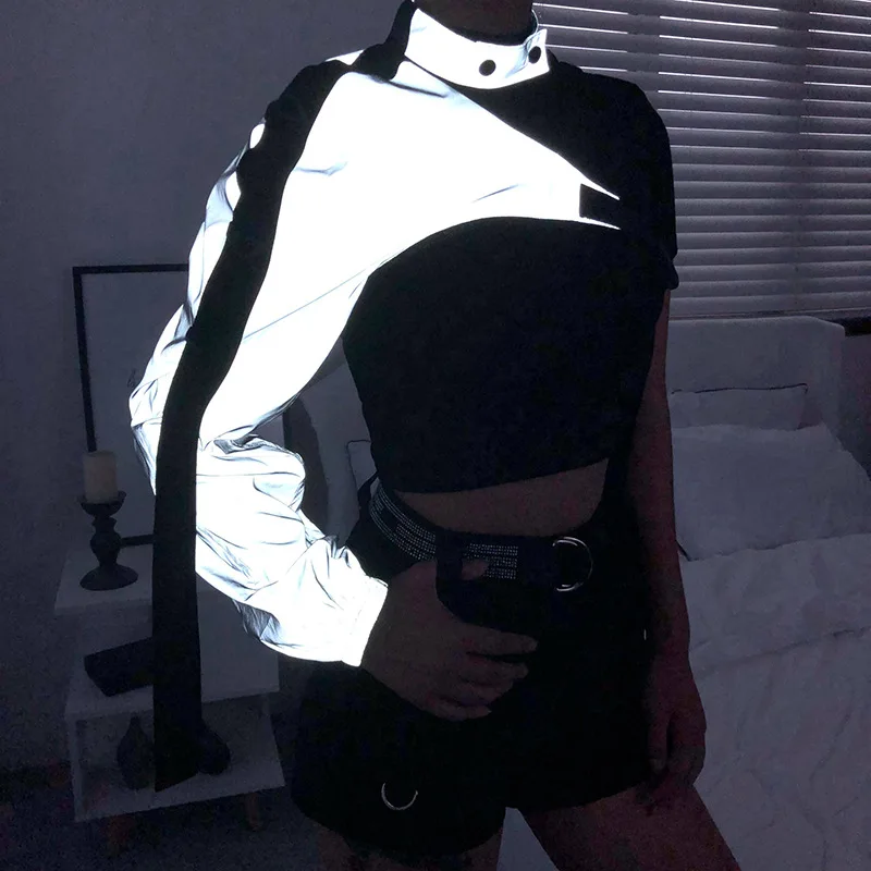 

Autumn Fall Glowing Jacket Women Reflective Glow In The Dark Choker Glitter Buckle Long Sleeve Ribbon Open Shoulder WHC6862W06