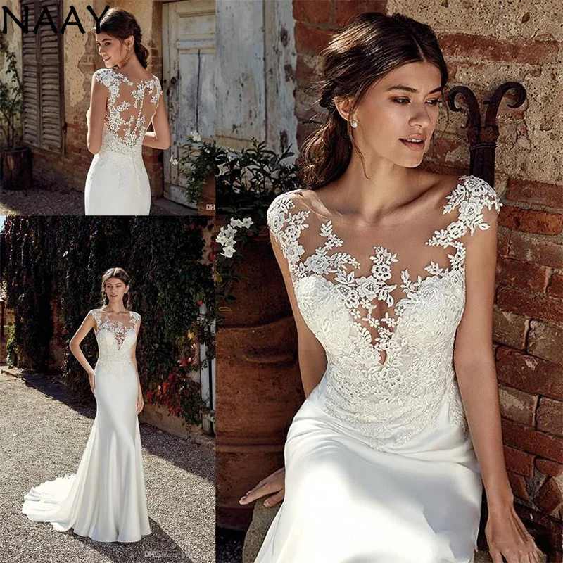 

Scoop Neck Satin Mermaid Bohemia Wedding Dresses 2020 Cap Sleeves Tulle Lace Applique Plus Size Wedding Bridal Gowns