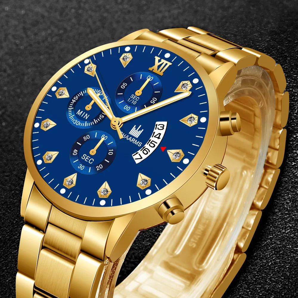 2021 Luxury Brand SHAARMS Alloy Strap Men's Watch Diamond Waterproof Quartz Watch for Men's Analog Three-eye Calendar Male Clock