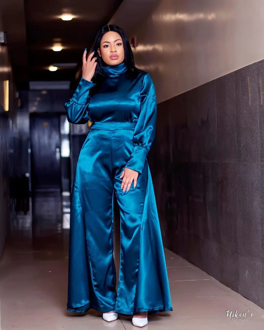 African Woman Jumpsuits Solid Color Satin Fabric Bellbottomed Pants