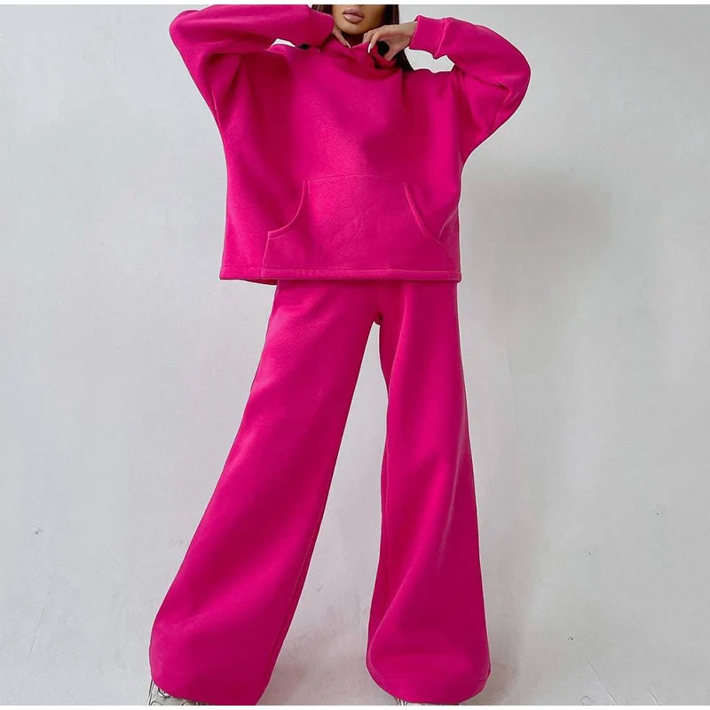 Women Basic Hooded Tracksuit Two Piece Sets Pullover Sweatshirt Top And High Waist Wide Leg Pant Suits Female Fashion Streetwear tweed two piece set