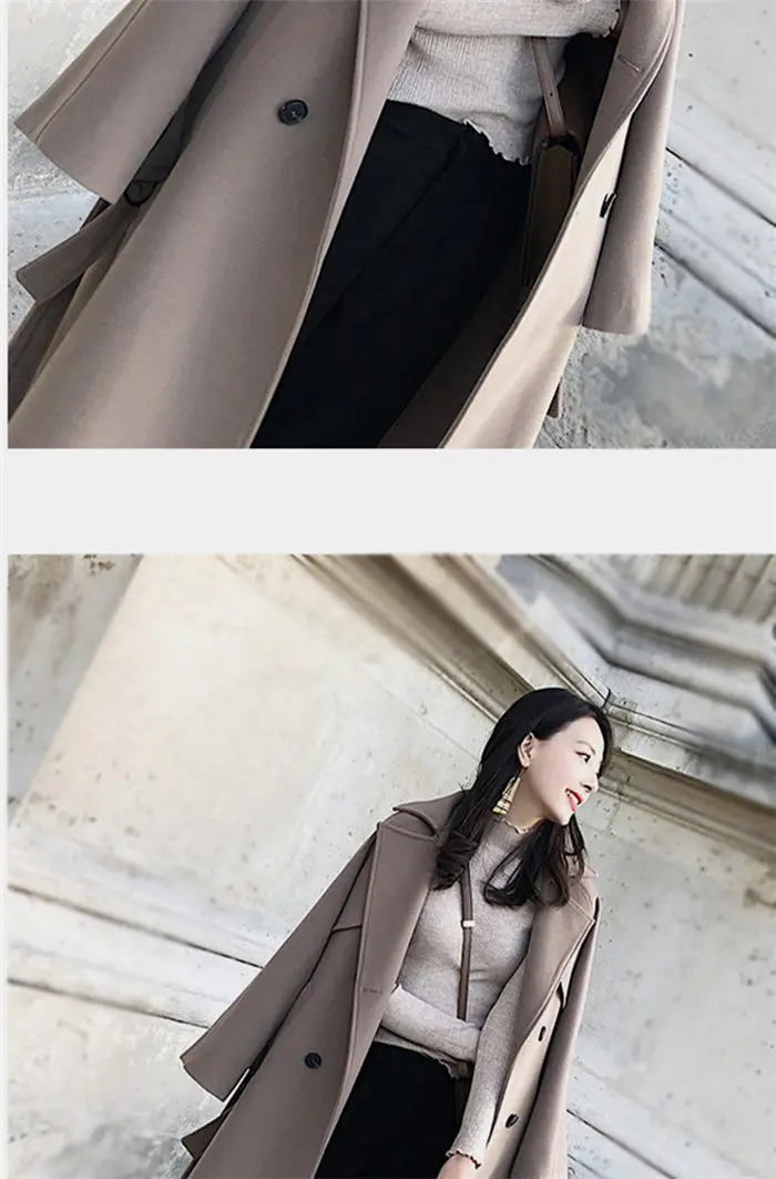 Новая осенне-зимняя Модная тонкая двубортная шерстяная куртка Женская повязка тонкая длинная куртка с отворотами пальто 1518