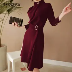 Женская Корейская версия нового тонкого пояса полный рукав Миди платье одноцветное стоячий воротник пикантное платье с разрезом офисное
