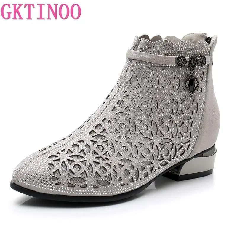 

2019 New Spring Summer Genuine Leather Mesh Ankle Boots Women Shoes Fashion Pointed Toe Rhinestone Shoes Low Heels Women Boots