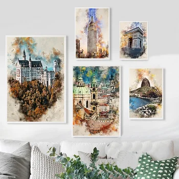 

watercolor Neuschwanstein New York Paris Prague Prague Rio Rome poster Art Poster Canvas Painting Wall Art Decor Dropshipping