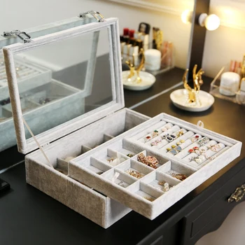 

Jewelry Display Rack Flannel Jewelry Transparent Double Storage Box Tray Rack Storage Box