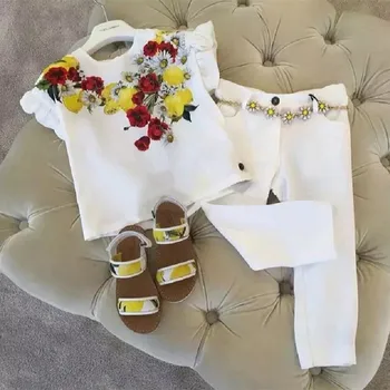 

Summer Baby Girls Clothes Set Lemon Printed White Chiffon Shirt with Long Trousers for 3-10years Old Children Clothing Set