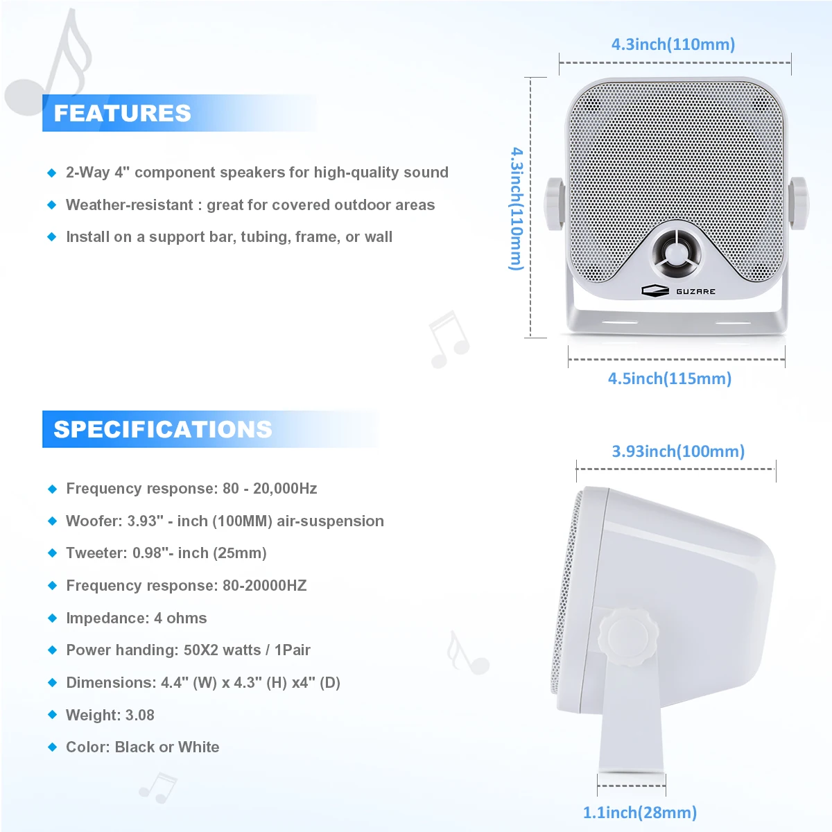 100W 4" Waterproof Marine Box Heavy Duty Speaker Outdoor Marine Speaker Surface Mounted For Boat Yacht Golf Cart Tractor Truck