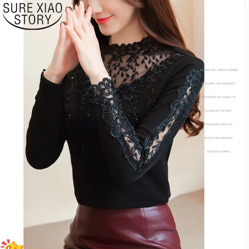 

2019 Autumn Fashion Women Lace Blouses Causal Elegant Women Tops Office Lady Long Sleeve Turtleneck Women Clothing 6285 50