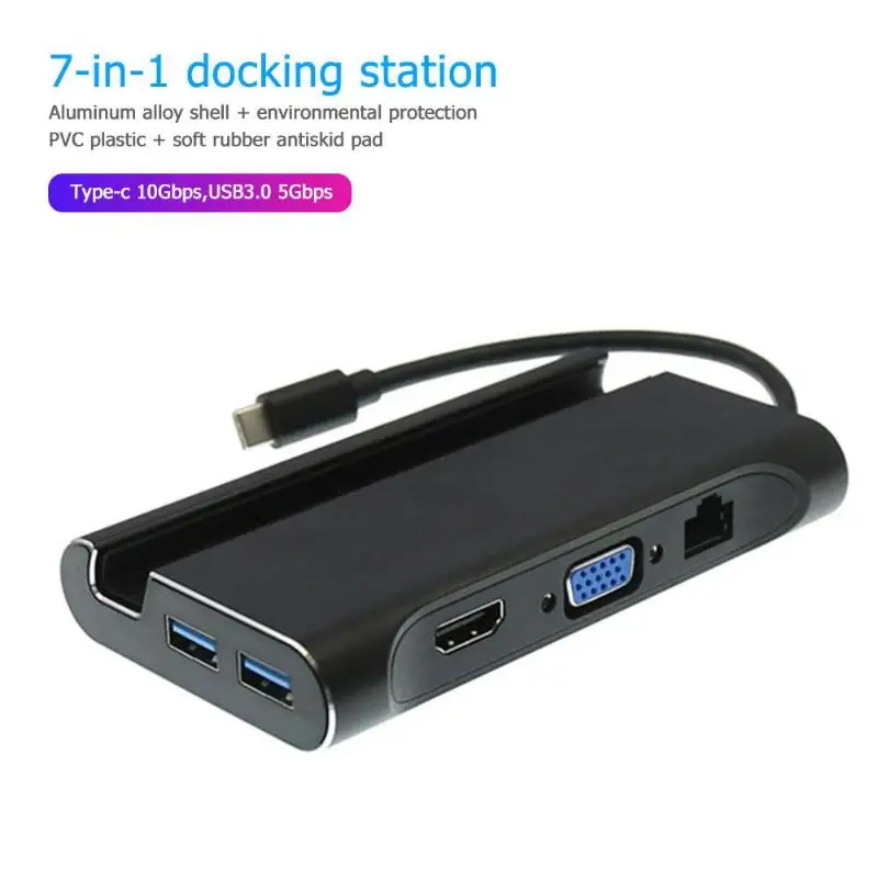 Портативный 7 в 1 type-C концентратор конвертер 4K видео HDMI VGA RJ45 3 USB 3,0 сплиттер адаптер док-станция для ноутбука телефона