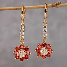  Gold Plated dangle drop earring Earrings for Women's earrings zircon Red stone flower Earring  Jewelry for Party Wedding Gift 