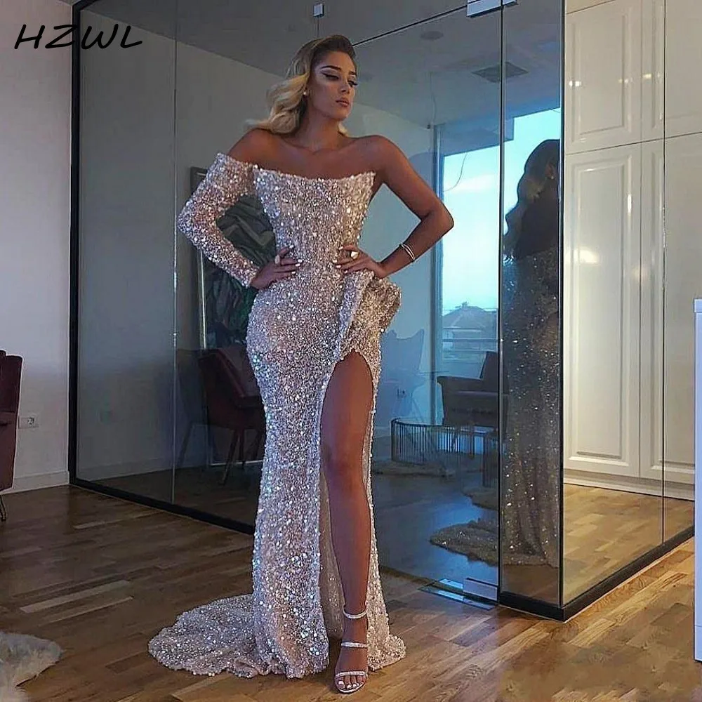 

Aso Ebi Sparkly Sexy Prom Dresses High Split Sequined One Shoulder Mermaid Evening Dress Dubai Formal Party Gowns Vestidos