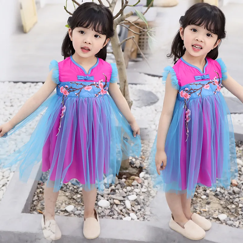 

Girls 2019 Embroidered Plum Blossom Dress Summer Sleeveless Vest Skirt Fairy Mesh Skirt