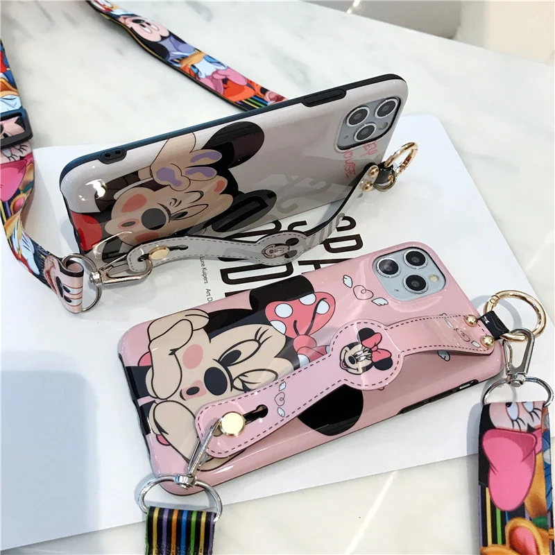 Disney Cartoon Mickey Minnie Mouse Daisy Donald Duck Wrist Strap Lanyard Phone Case For IPhone 12 Pro Max 11 7 8 Plus X XR SE XS