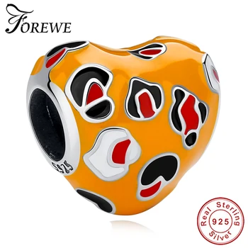 

Forewe Enamel Heart Beads for Charm Bracelet Bangle 925 Sterling Silver Leopard Print Heart Charms Luxury Brand Jewelry