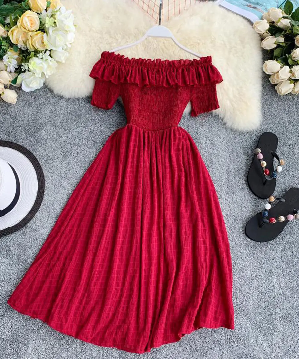 

2020 Summer Knee Length Dress Off Shoulder Ladies Sweet Cute Dresses Draped Maxi Shirt with Short Sleeves For Girls Women