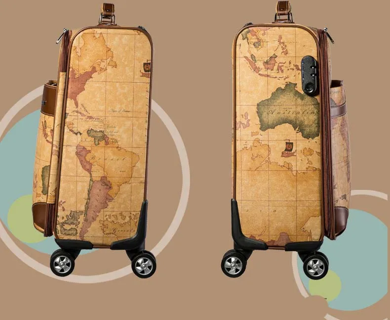 Новейшая карта мира, Полиуретановая сумка на колёсиках для мужчин и женщин, чемодан на колесиках, 20/24 дюймов, сумка для путешествий с паролем