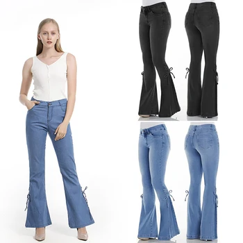 

Skinny Jeans Woman Denim Blue Pants Women Wide Leg Jeans Flare High Waist Lace Up Ruffled Winter Jeans Women Femme