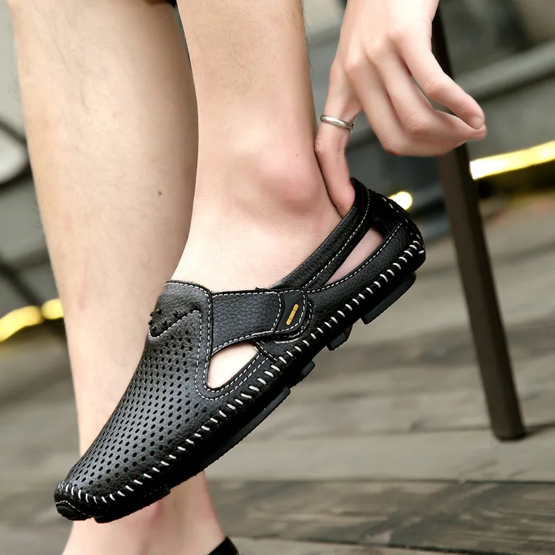 

Summer Men's Breathable Hollow-out Leather Shoes Driving Moccosins Lazy Mesh Genuine Leather Sandals Business Casual Shoes Men S