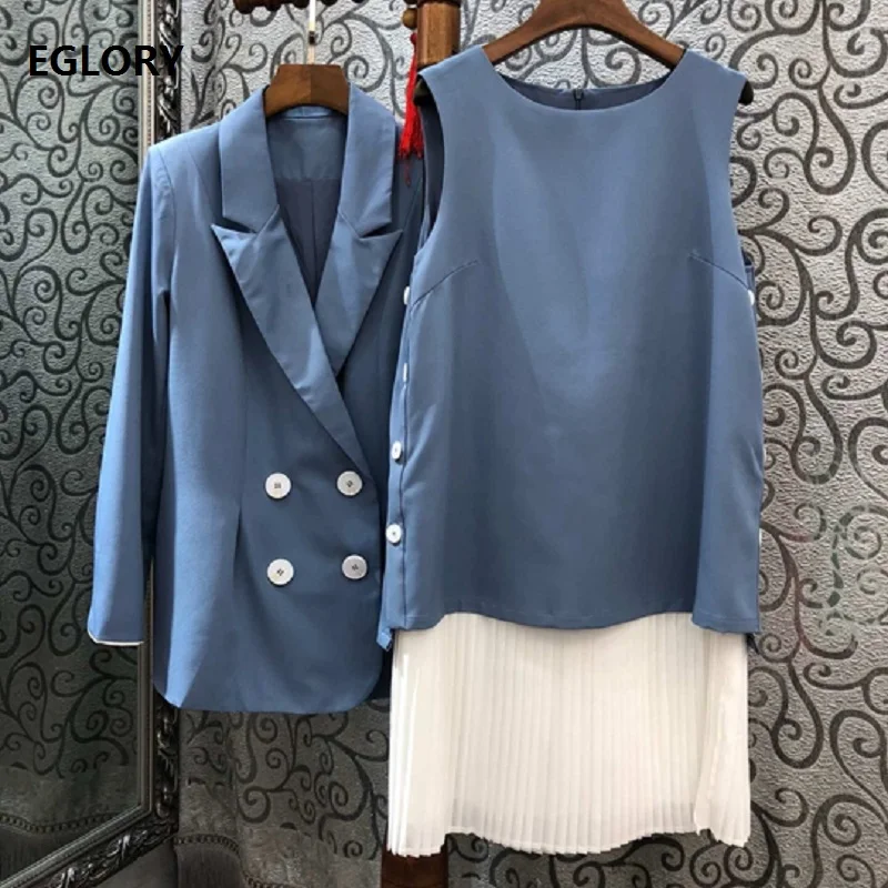 

Top Grade Designer Clothing Sets 2019 Autumn Blazer Suit Women Notched Collar Double Breasted Coat Blazer+Pleated Dress Set 2 pc